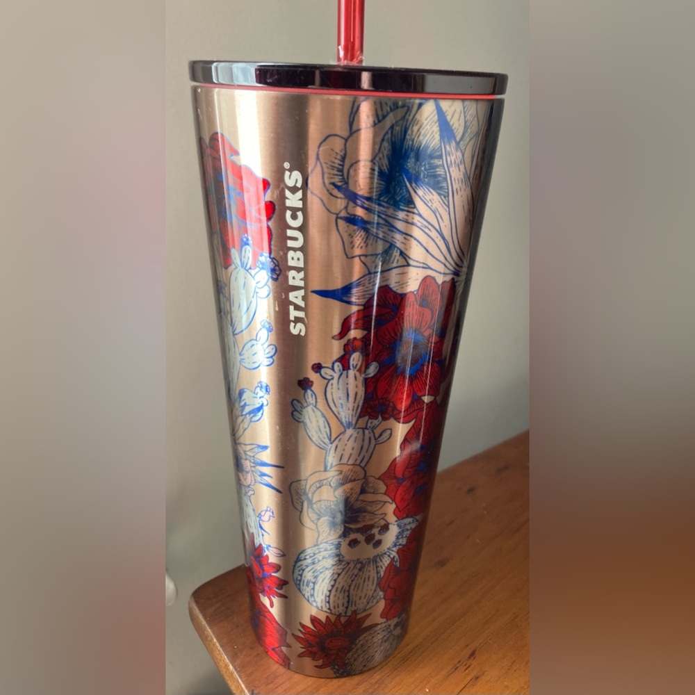 Starbucks Metallic Gold Tumbler with Red and Blue Floral Design-REPOSH